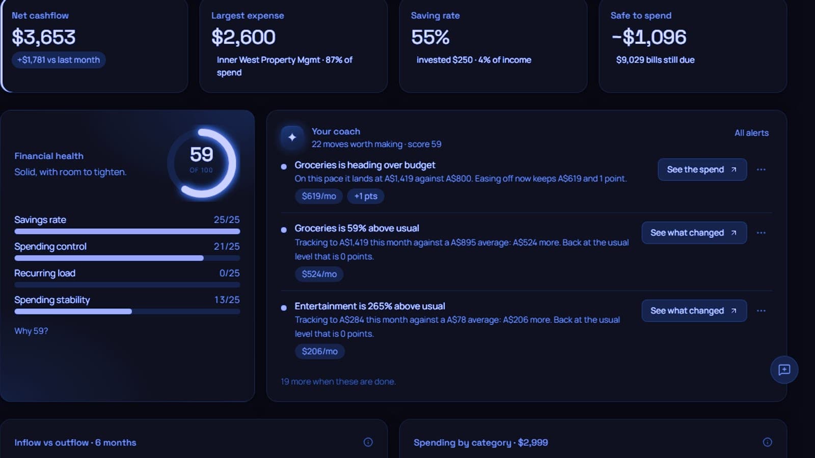 Abstract cinematic visual in electric blue and violet representing a personal finance software product